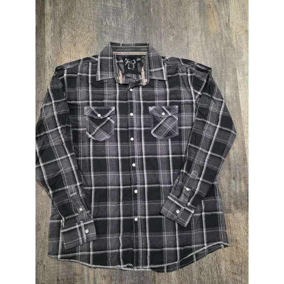 Age Of Wisdom Men XL Gray/Black Plaid Western Shirt Pearl Snap - Picture 1 of 7